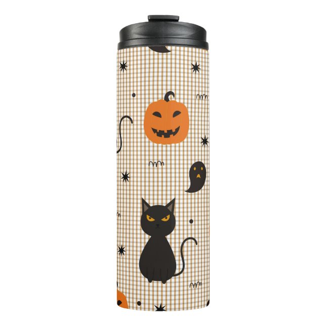 Halloween seamless pattern with black cat and ghos thermal tumbler (Front)