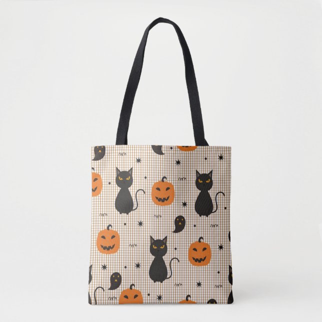 Halloween seamless pattern with black cat and ghos tote bag (Front)