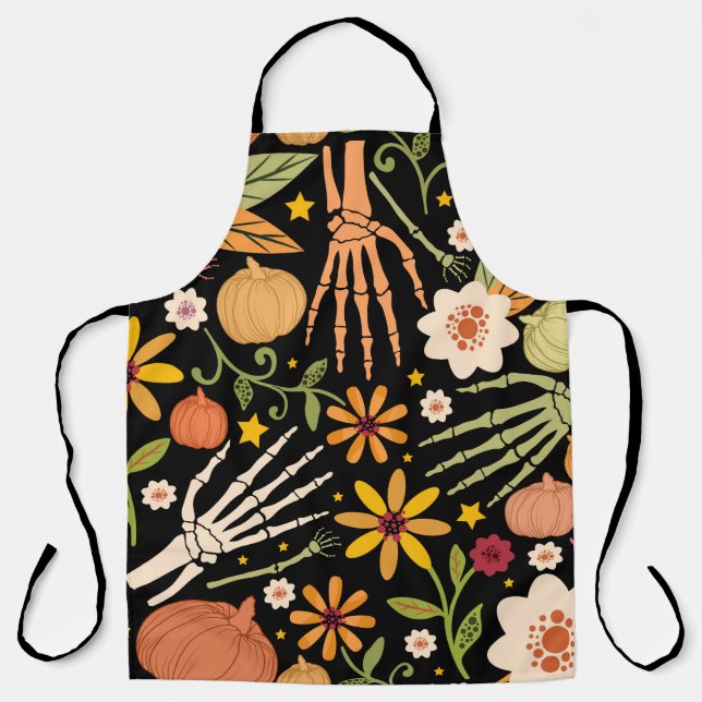 Halloween seamless pattern with bones and floral e apron (Front)