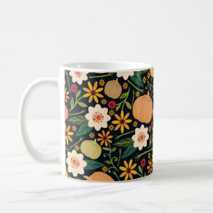 Halloween seamless pattern with flowers,pumpkins a coffee mug