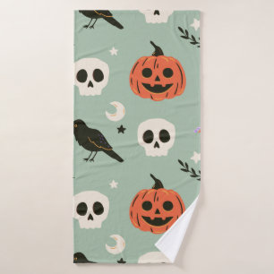 Halloween seamless pattern with ravens, skulls and bath towel