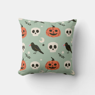 Halloween seamless pattern with ravens, skulls and cushion