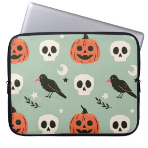 Halloween seamless pattern with ravens, skulls and laptop sleeve