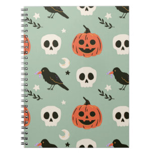 Halloween seamless pattern with ravens, skulls and notebook