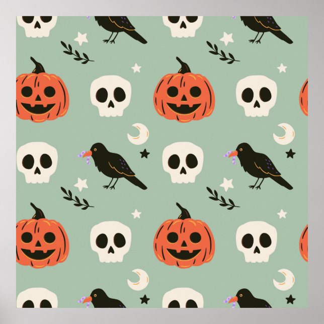 Halloween seamless pattern with ravens, skulls and poster (Front)