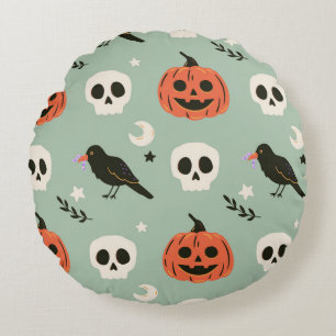 Halloween seamless pattern with ravens, skulls and round cushion