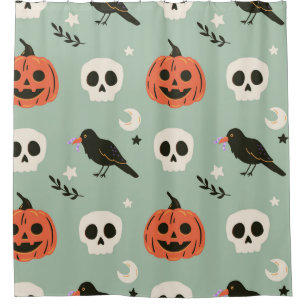 Halloween seamless pattern with ravens, skulls and shower curtain