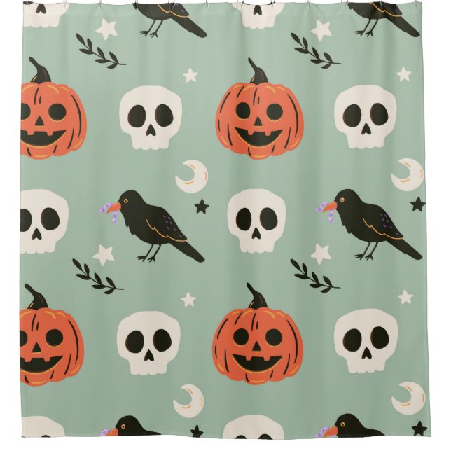Halloween seamless pattern with ravens, skulls and shower curtain (Front)