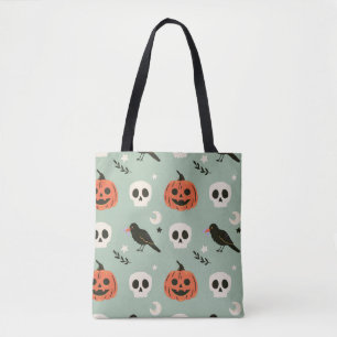 Halloween seamless pattern with ravens, skulls and tote bag