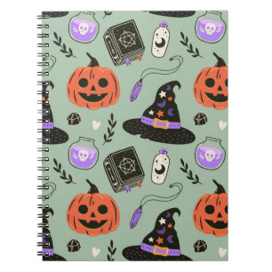 Halloween seamless pattern with witch hat,pumpkin notebook