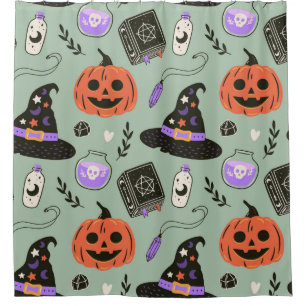 Halloween seamless pattern with witch hat,pumpkin shower curtain
