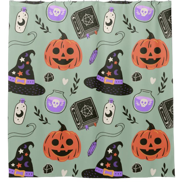 Halloween seamless pattern with witch hat,pumpkin  shower curtain (Front)