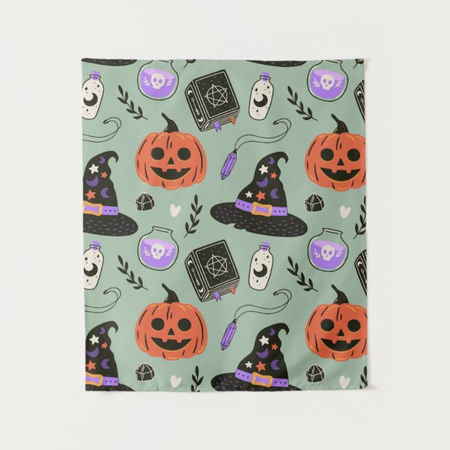 Halloween seamless pattern with witch hat,pumpkin  tapestry (Front)