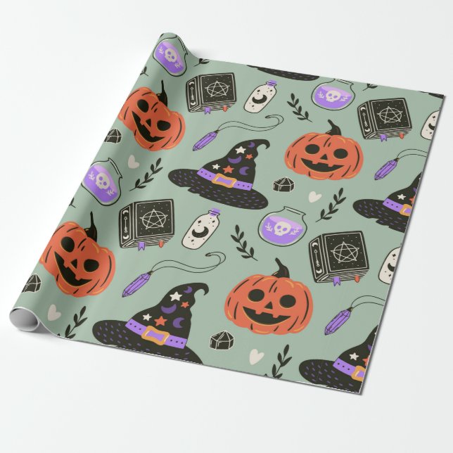 Halloween seamless pattern with witch hat,pumpkin  wrapping paper (Unrolled)