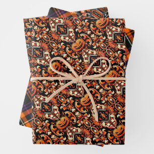 Halloween Set 1: Pumpkin, Bat & Plaid Patterns Wrapping Paper Sheet