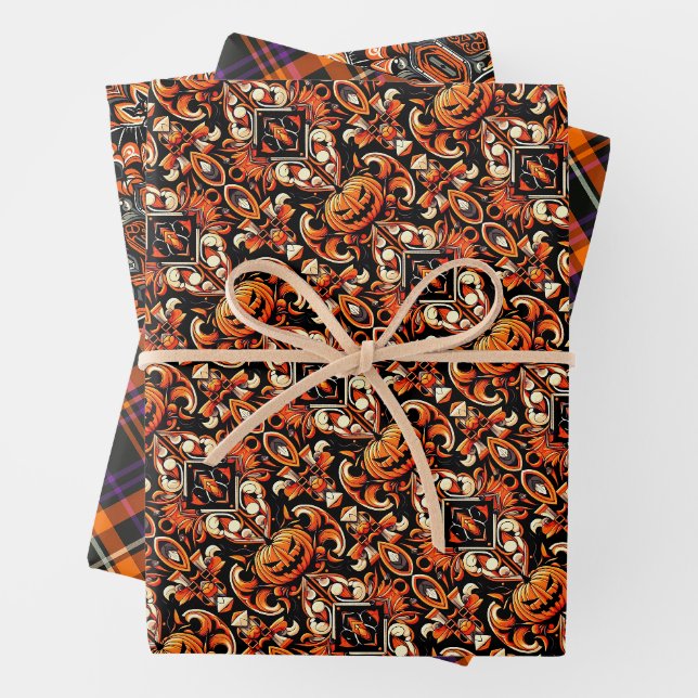 Halloween Set 1: Pumpkin, Bat & Plaid Patterns Wrapping Paper Sheet (In situ)
