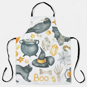 Halloween set: bat, black cat, spider, black crow  apron