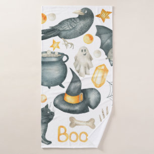Halloween set: bat, black cat, spider, black crow bath towel