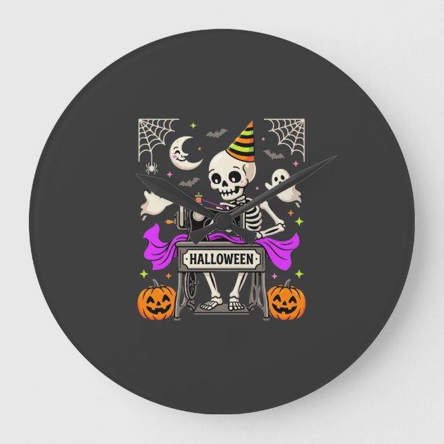 Halloween Sewing Skeleton Spooky Ghost Pumpkin Sew Large Clock (Front)