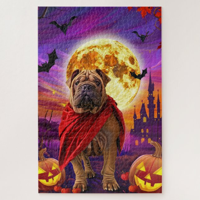 Halloween Shar Pei Vampire Pumpkins Scary Jigsaw Puzzle (Vertical)