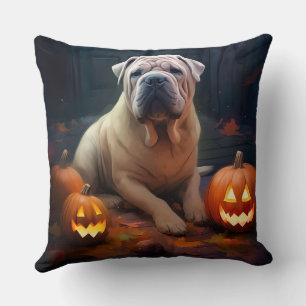 Halloween Shar Pei With Pumpkins Scary Cushion