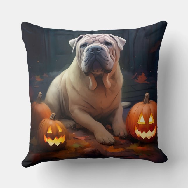 Halloween Shar Pei With Pumpkins Scary Cushion (Back)