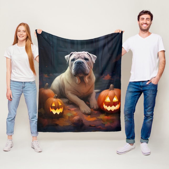 Halloween Shar Pei With Pumpkins Scary Fleece Blanket (In Situ)