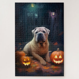 Halloween Shar Pei With Pumpkins Scary Jigsaw Puzzle