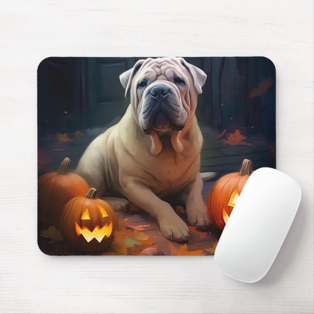 Halloween Shar Pei With Pumpkins Scary Mouse Mat (With Mouse)
