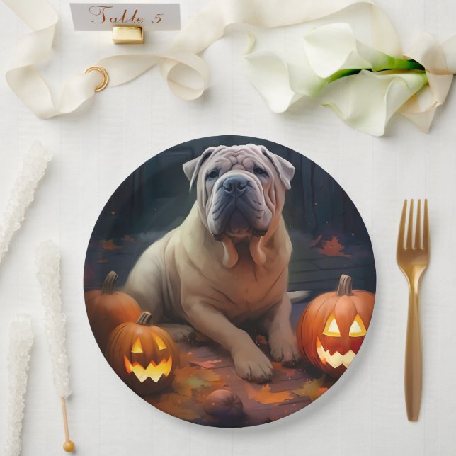 Halloween Shar Pei With Pumpkins Scary Paper Plate (Wedding)
