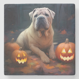 Halloween Shar Pei With Pumpkins Scary Stone Coaster