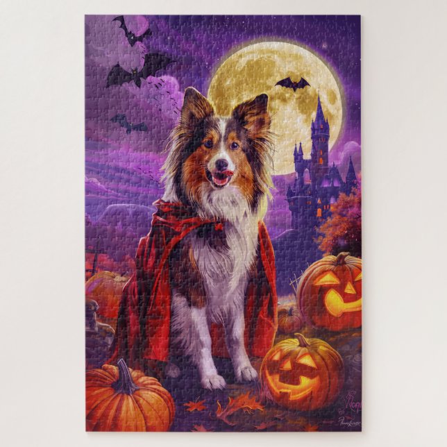 Halloween Shetland Sheepdog Vampire Pumpkins Scary Jigsaw Puzzle (Vertical)