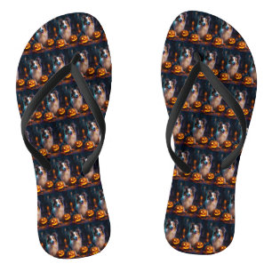 Halloween Shetland Sheepdog With Pumpkins Scary Flip Flops