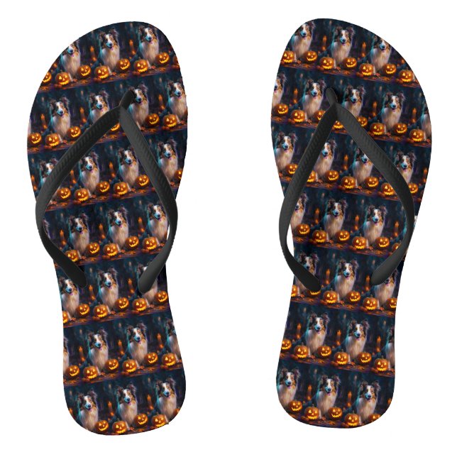 Halloween Shetland Sheepdog With Pumpkins Scary  Flip Flops (Footbed)