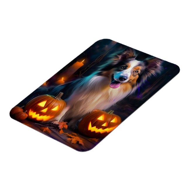 Halloween Shetland Sheepdog With Pumpkins Scary  Magnet (Left Side)