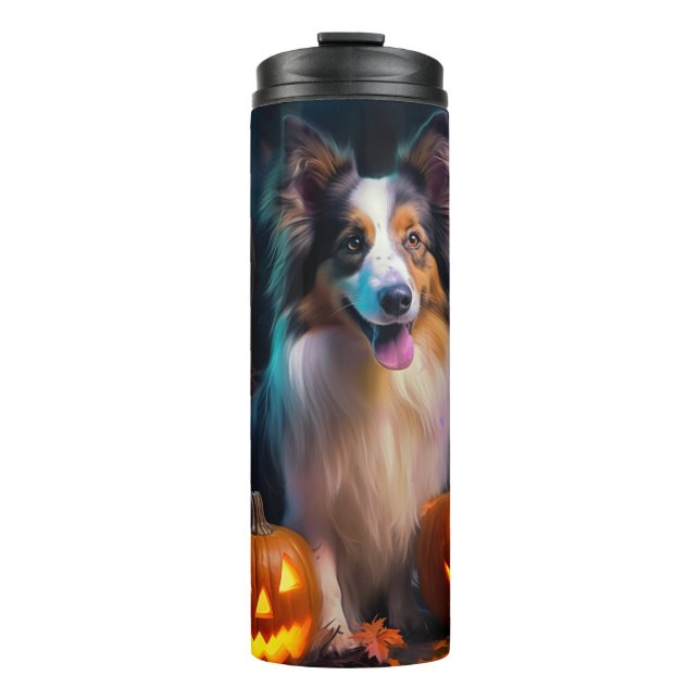 Halloween Shetland Sheepdog With Pumpkins Scary  Thermal Tumbler (Front)
