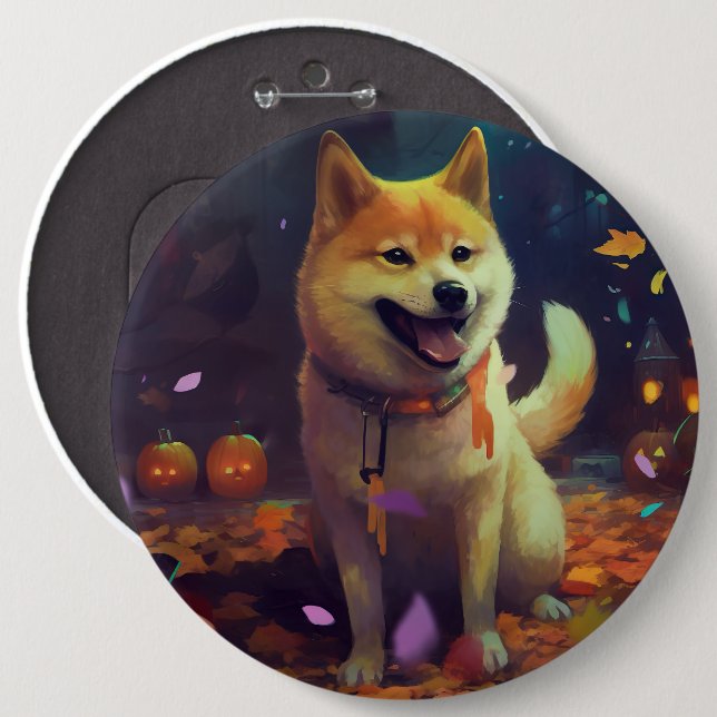Halloween Shiba Inu With Pumpkins Scary 6 Cm Round Badge (Front & Back)