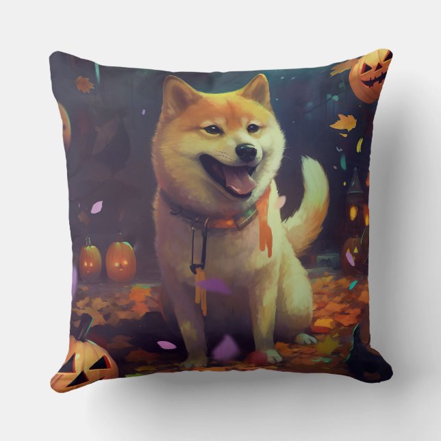 Halloween Shiba Inu With Pumpkins Scary Cushion (Back)