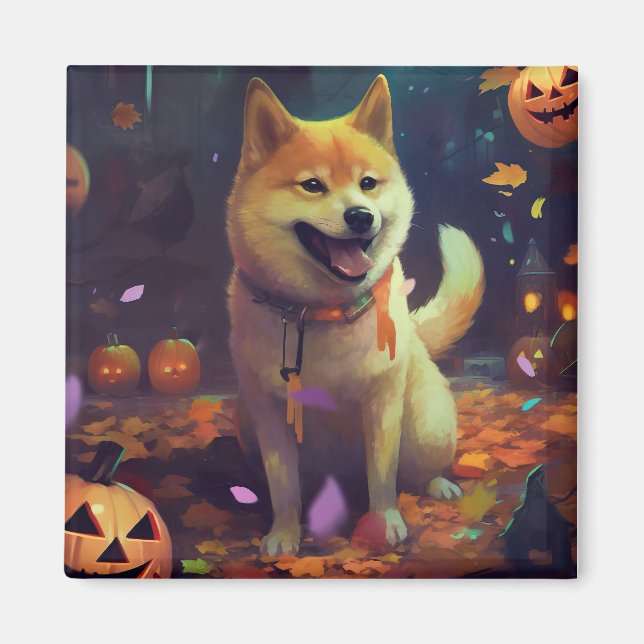 Halloween Shiba Inu With Pumpkins Scary Magnet (Front)