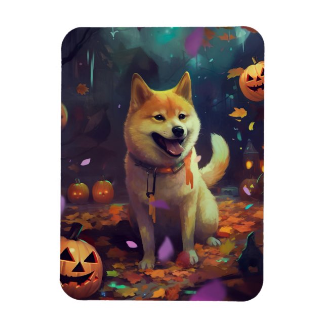 Halloween Shiba Inu With Pumpkins Scary Magnet (Vertical)