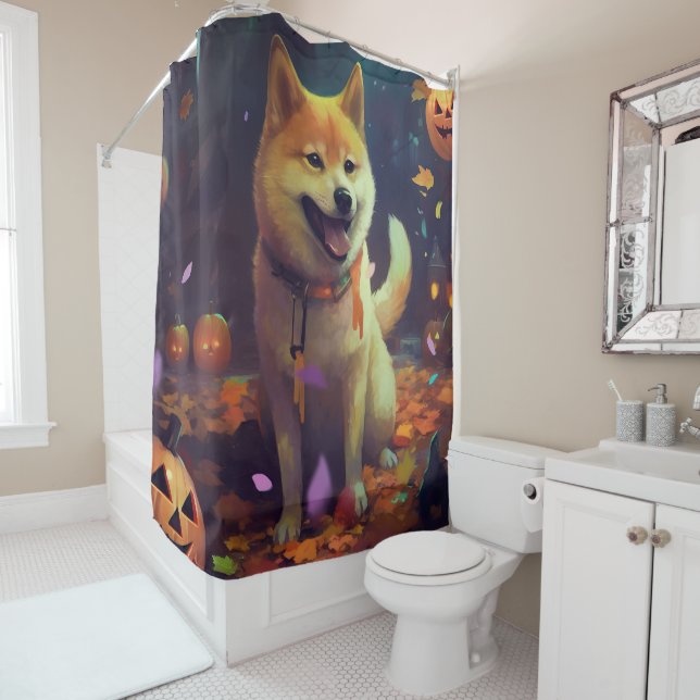 Halloween Shiba Inu With Pumpkins Scary Shower Curtain (In Situ)