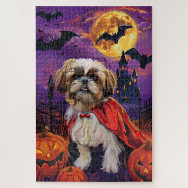 Halloween Shih Tzu Vampire Pumpkins Scary Jigsaw Puzzle (Vertical)