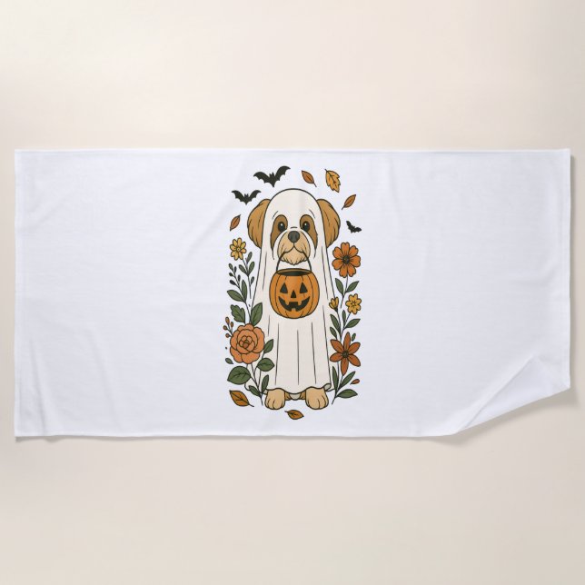 Halloween Shih Tzu with Fall Flowers Beach Towel (Front)