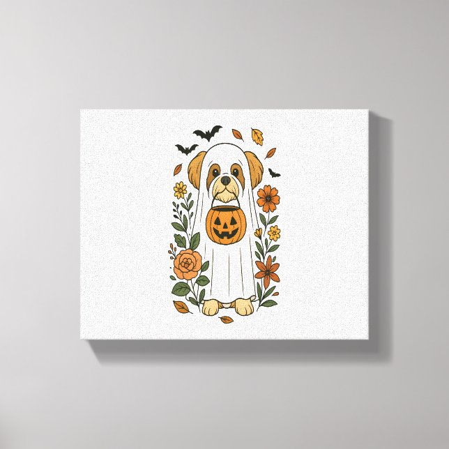 Halloween Shih Tzu with Fall Flowers Canvas Print (Front)