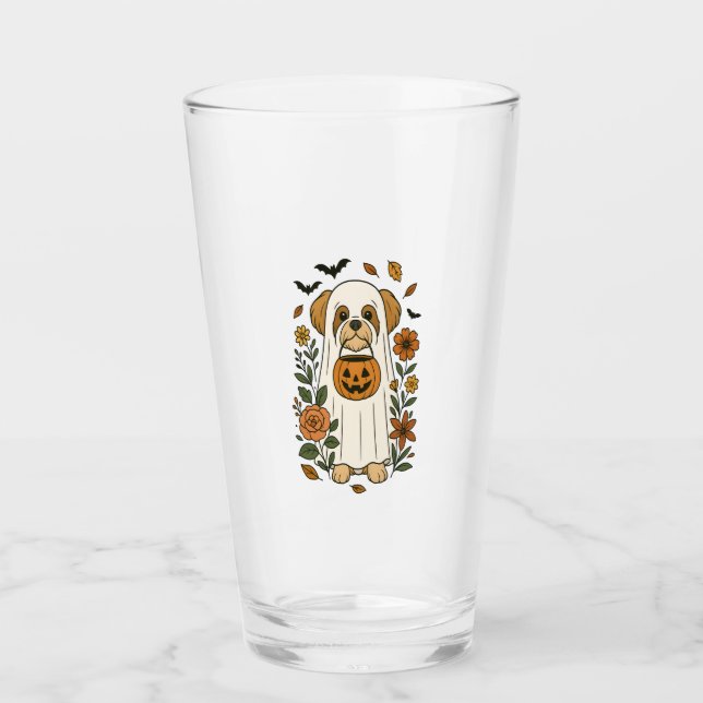 Halloween Shih Tzu with Fall Flowers Glass (Front)
