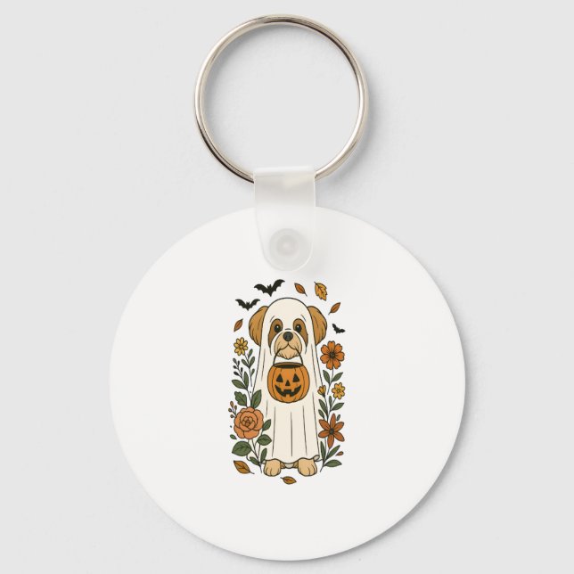 Halloween Shih Tzu with Fall Flowers Key Ring (Front)
