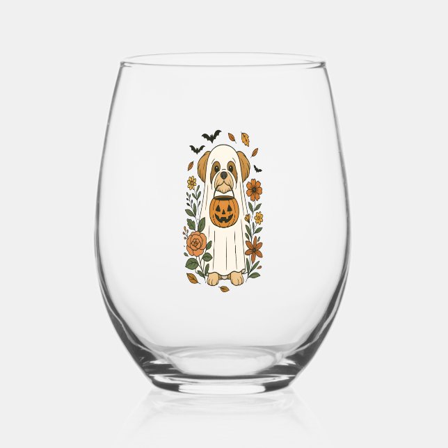 Halloween Shih Tzu with Fall Flowers Stemless Wine Glass (Front)