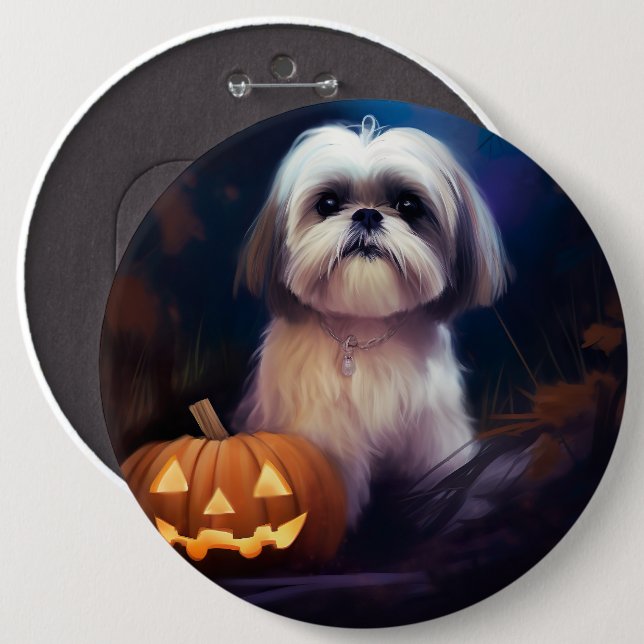 Halloween Shih Tzu With Pumpkins Scary 6 Cm Round Badge (Front & Back)