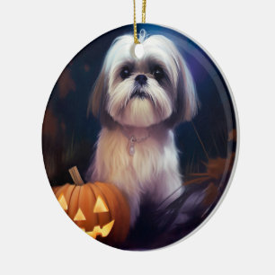 Halloween Shih Tzu With Pumpkins Scary Ceramic Tree Decoration