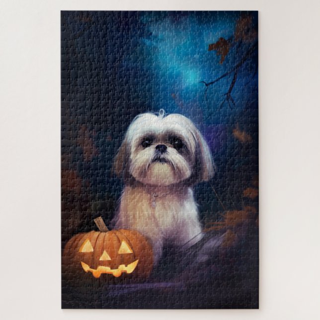 Halloween Shih Tzu With Pumpkins Scary Jigsaw Puzzle (Vertical)